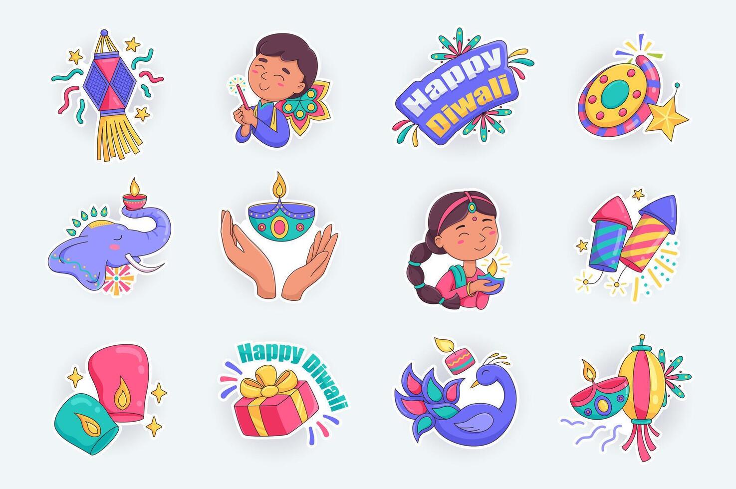 Diwali Hindu festival cute stickers set in flat cartoon design. Lanterns, oil lamps, candles, fireworks, Deepavali celebrate symbols and other. illustration for planner or organizer template vector