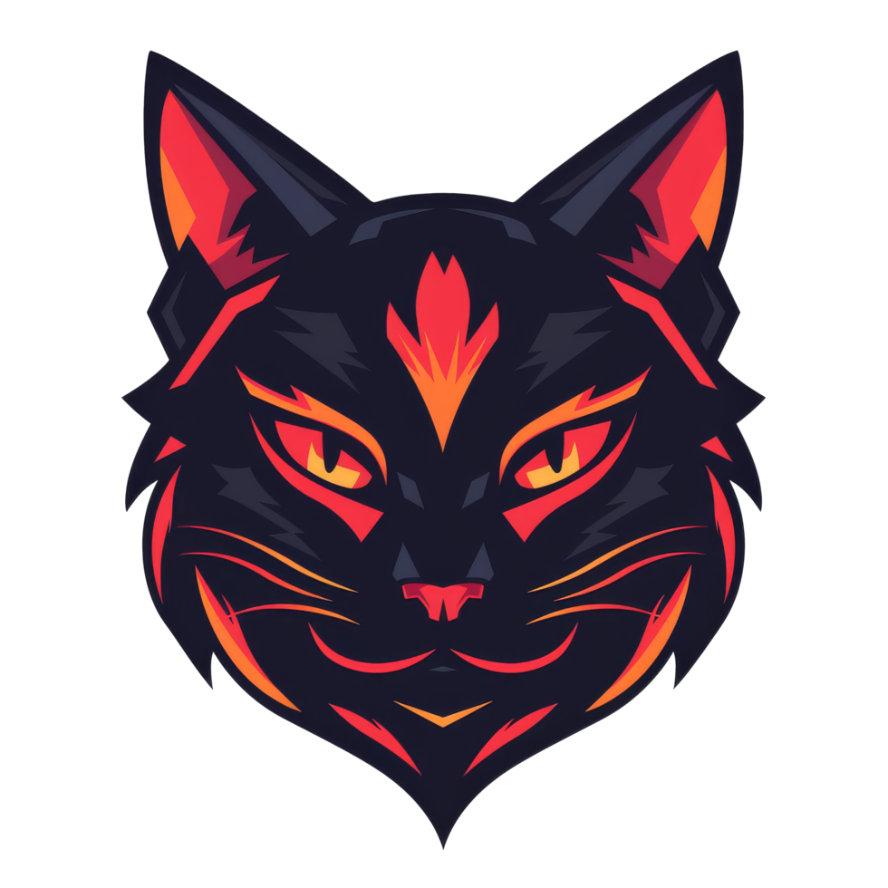 Fierce cat head with fiery eyes and tribal flames design png