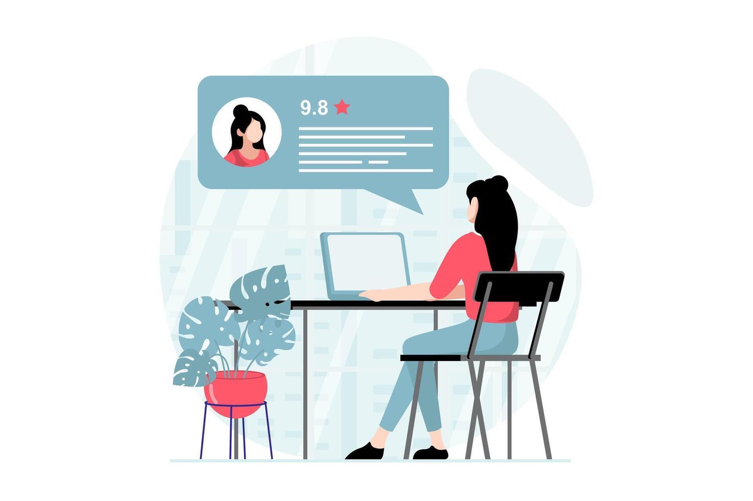 realimentación página concepto con personas escena en plano diseño. mujer hojas en línea comentario con clasificación y describiendo su usuario experiencia utilizando ordenador portátil. ilustración con personaje situación para web vector