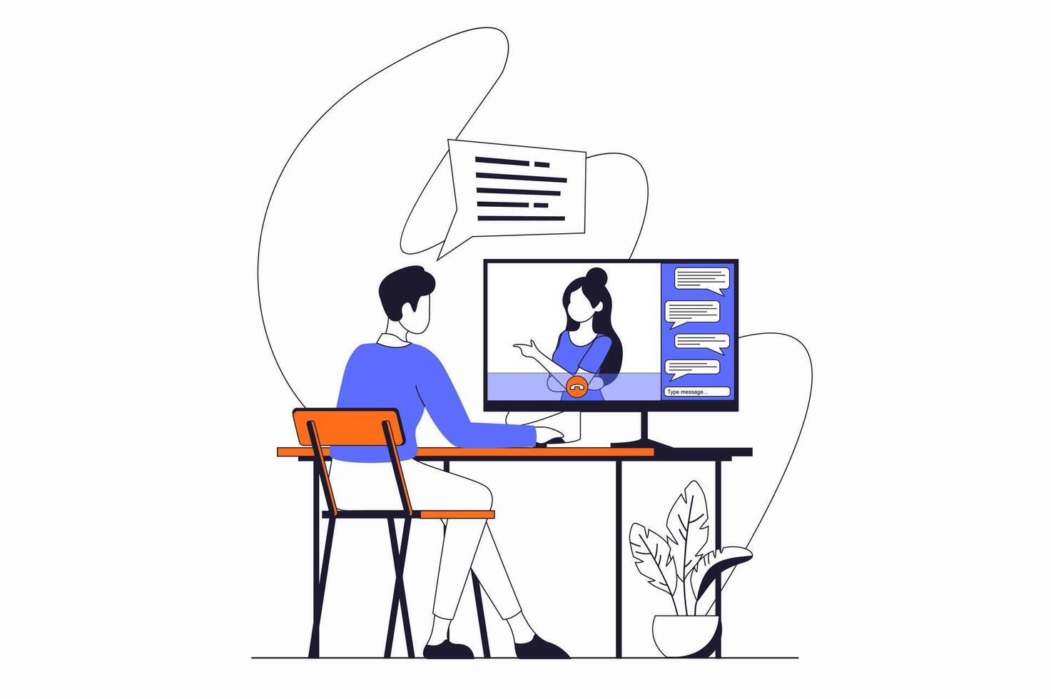 conference concept with people scene in flat outline design. Man calling woman in zoom using computer app and discusses work tasks. illustration with line character situation for web vector