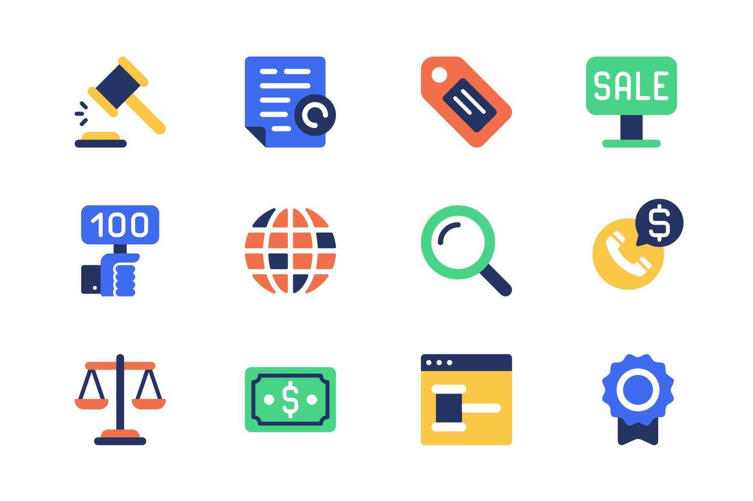 Auction concept of web icons set in simple flat design. Pack of gavel, document, label tag, sale, bidding, search, call, money, cash, online auction page and other. pictograms for mobile app vector