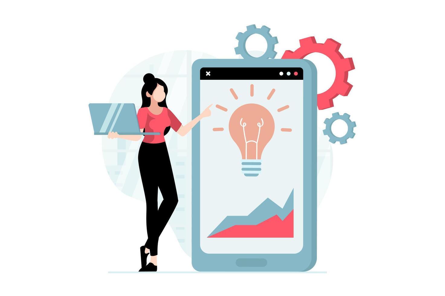 Data science concept with people scene in flat design. Woman working with statistics charts using mobile app, generates new ideas and solutions. illustration with character situation for web vector