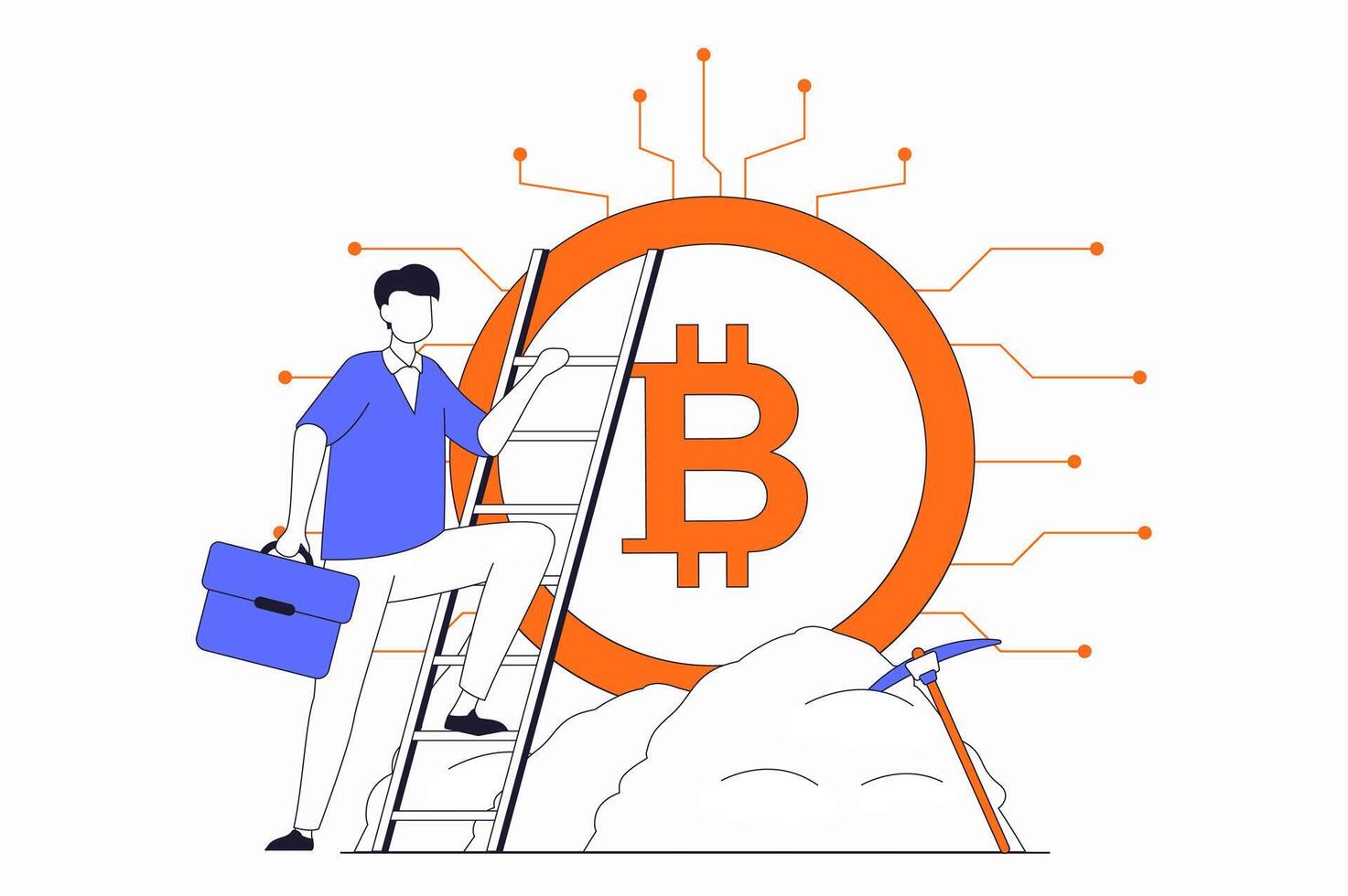 Cryptocurrency mining concept with people scene in flat outline design. Man mines bitcoin on crypto farm to earn money and increase profits. illustration with line character situation for web vector