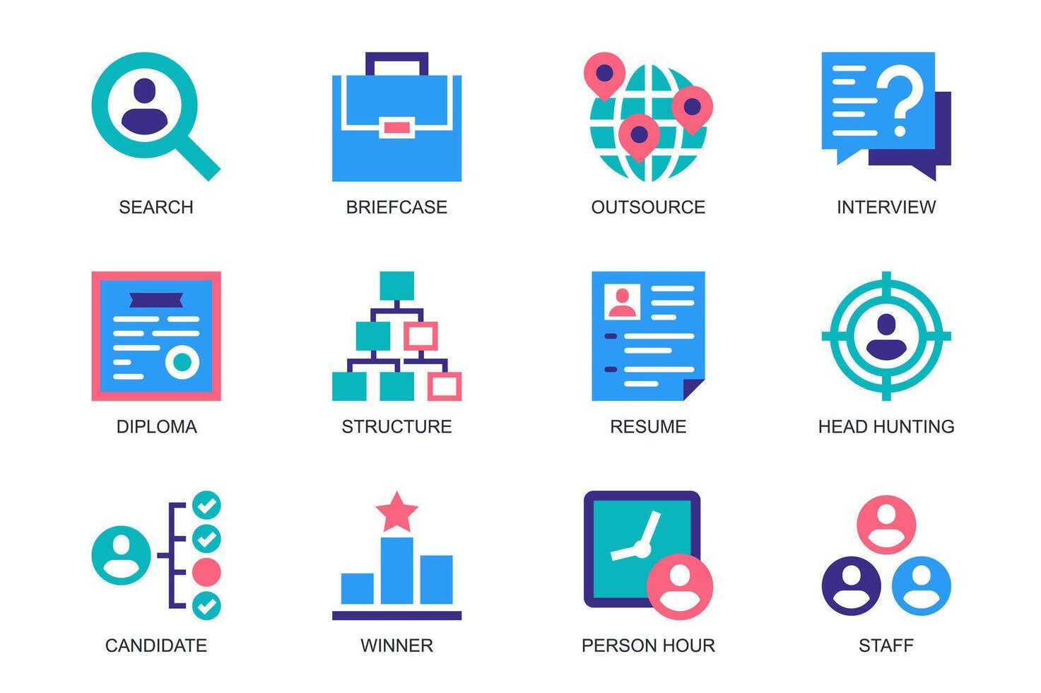 Head hunting concept of web icons set in simple flat design. Pack of search, briefcase, outsource, interview, diploma, structure, resume, headhunting, candidate. pictograms for mobile app vector