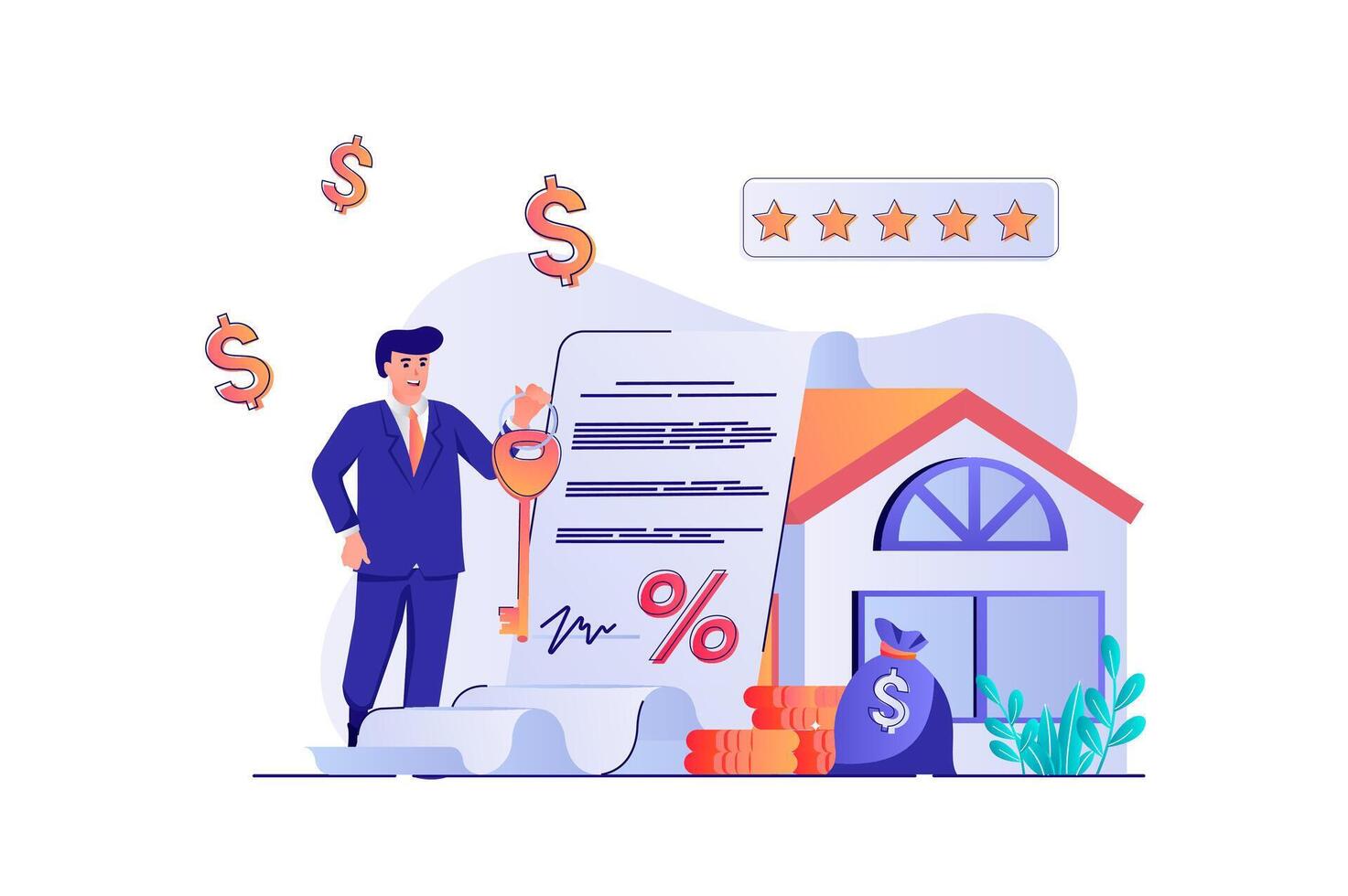 Mortgage concept with people scene. Man realtor sells houses and helps to arrange mortgage loan in bank, closes deals and gives keys. illustration with characters in flat design for web vector