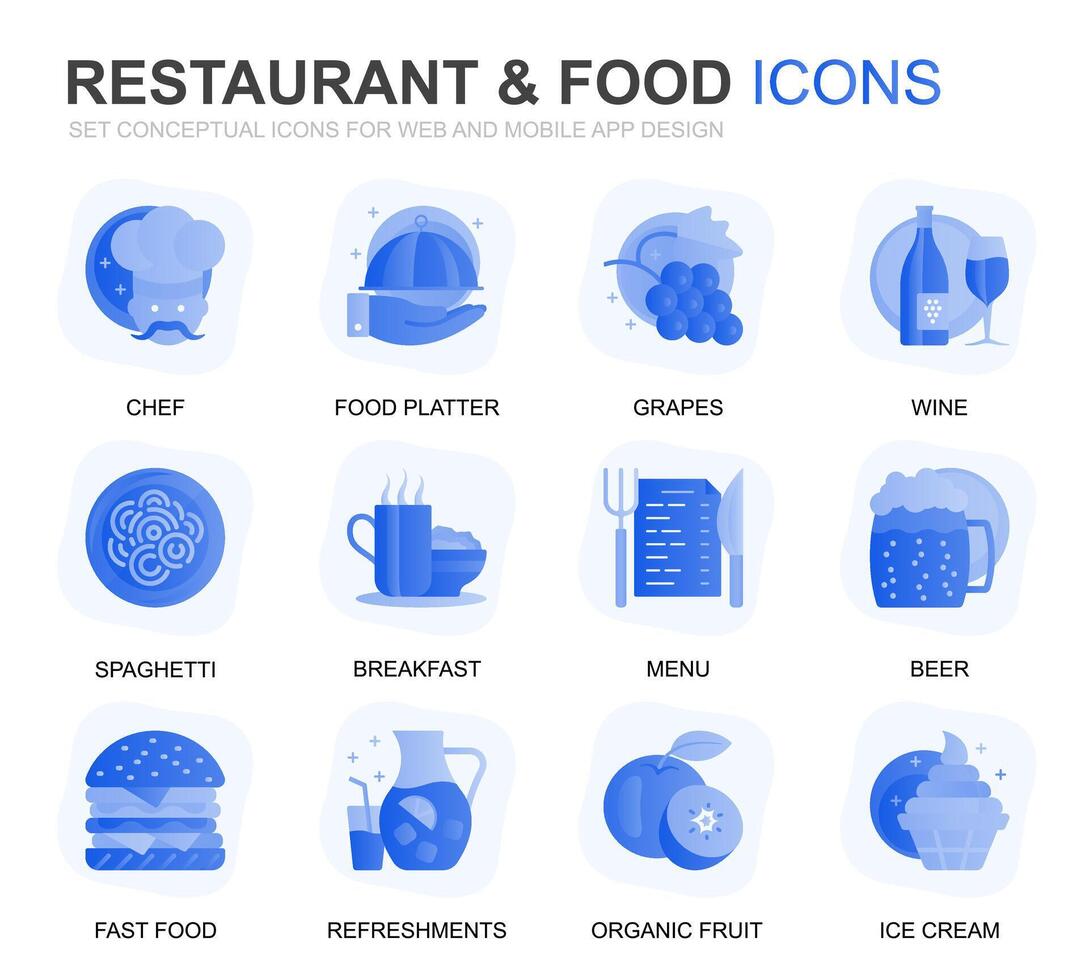 Modern Set Restaurant and Food Gradient Flat Icons for Website and Mobile Apps. Contains such Icons as Fast Food, Menu, Organic Fruit, Coffee Bar. Conceptual color flat icon. pictogram pack. vector