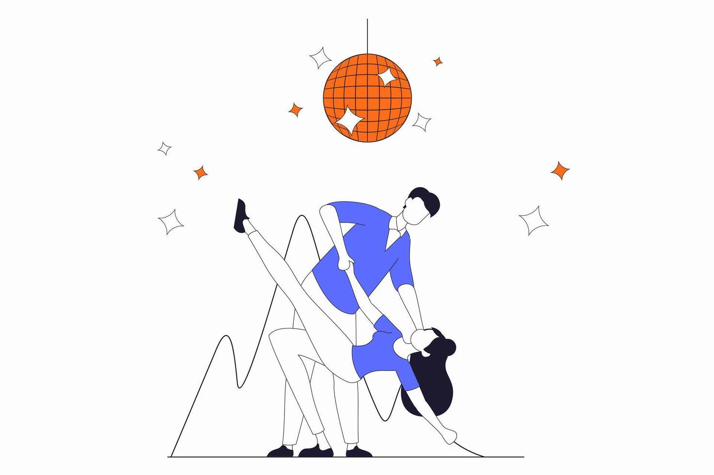 Hobby concept with people scene in flat outline design. Man and woman are engaged in dancing and dance as couple on floor in ballroom studio. illustration with line character situation for web vector