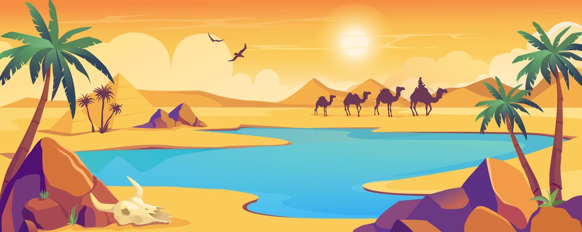 Oasis view in desert background banner in cartoon design. Dark silhouette of camel caravan, dry sand space with dunes and hills, blue water lake with palm trees and stones. cartoon illustration vector