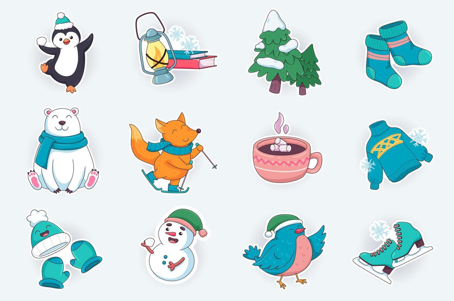 Winter season cute stickers set in flat cartoon design. Penguin in hat, lantern, fir trees in snow, polar bear with scarf, fox on skis and other. illustration for planner or organizer template vector