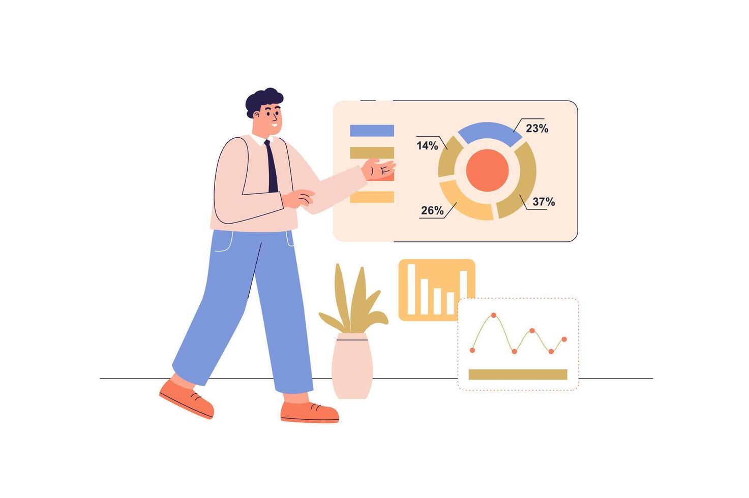 negocio estadística web concepto con personas escena. hombre analizando datos a cartas y diagramas a presentación junta, haciendo financiero informe. personaje situación en plano diseño. ilustración. vector