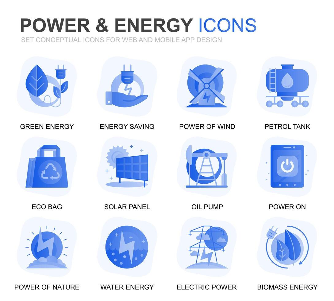 Modern Set Power Industry and Energy Gradient Flat Icons for Website and Mobile Apps. Contains such Icons as Solar Panel, Eco Energy, Power Plant. Conceptual color flat icon. pictogram pack. vector