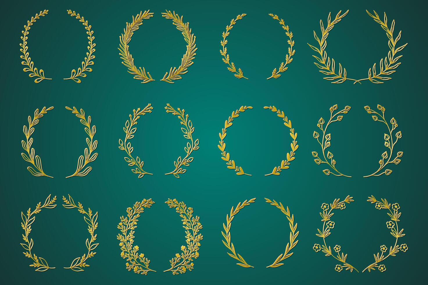 Gold ornamental branch wreathes set in hand drawn design. Laurel leaves wreath and decorative branch bundle. Different types of herbs, twigs with flowers and plants elements. decoration. vector