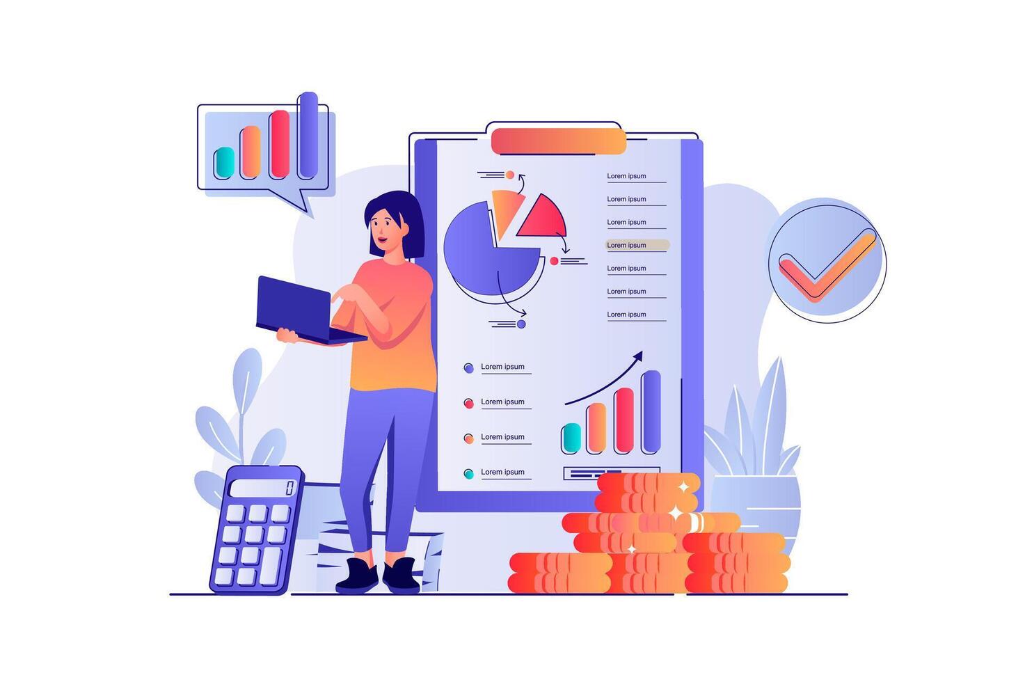Accounting concept with people scene. Woman bookkeeper making research of financial data and statistics, company profit or business income. illustration with characters in flat design for web vector
