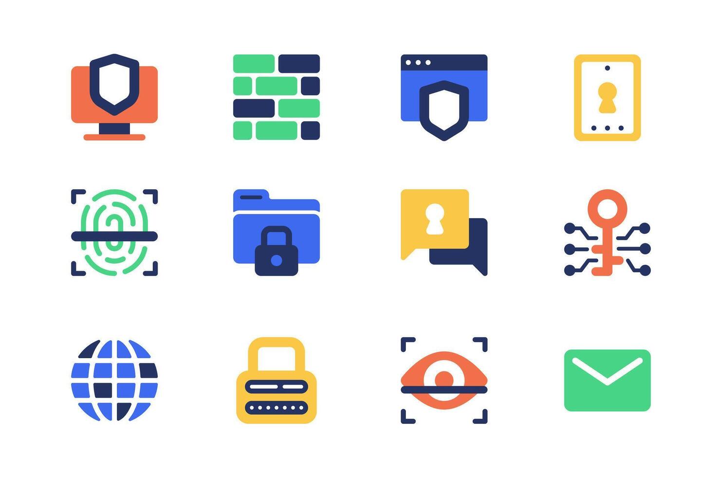 Cyber security concept of web icons set in simple flat design. Pack of shield, access, secure, fingerprint scan, password, folder, email, data protection and other. pictograms for mobile app vector
