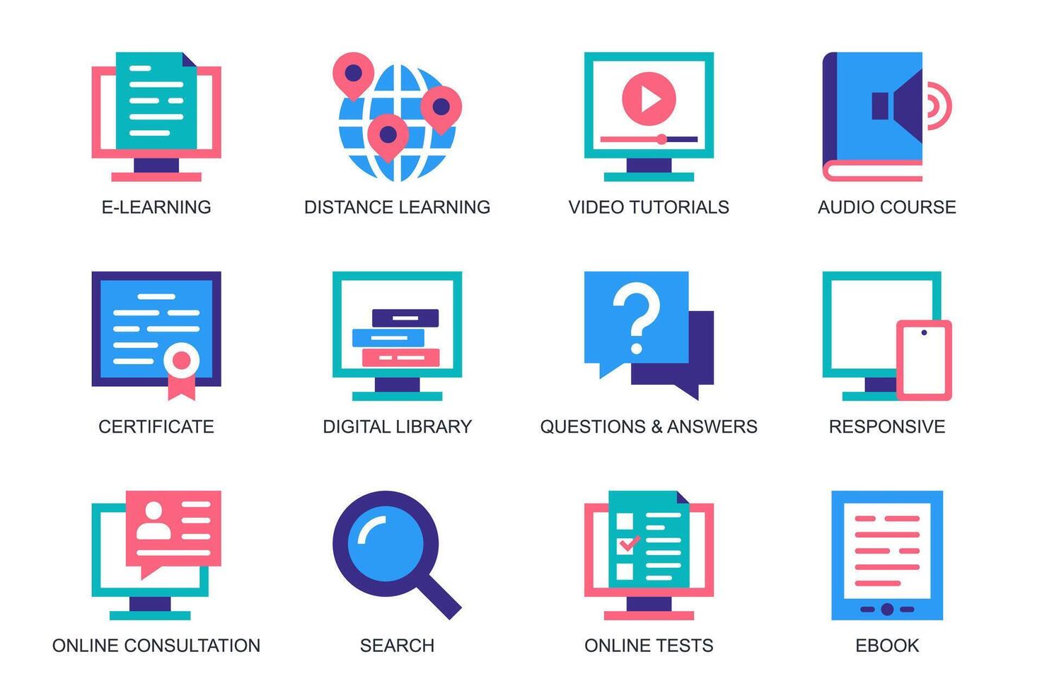 E-learning concept of web icons set in simple flat design. Pack of distance learning, tutorials, audio course, certificate, digital library, question and answer. pictograms for mobile app vector