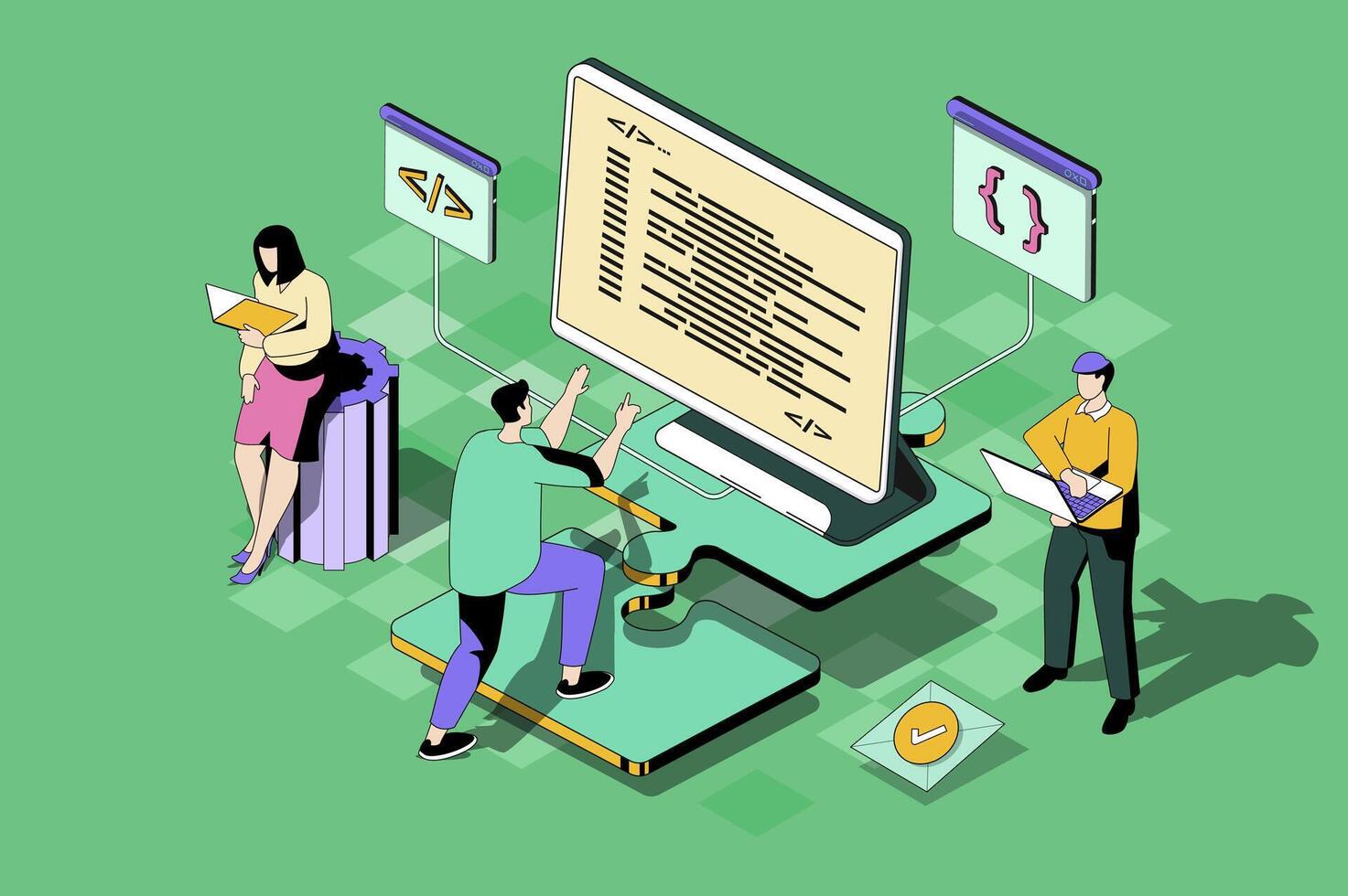 Developer team web concept in 3d isometric design. Programmers team working on project, engineering prototypes, coding and testing code and scripts. web illustration with people isometry scene vector