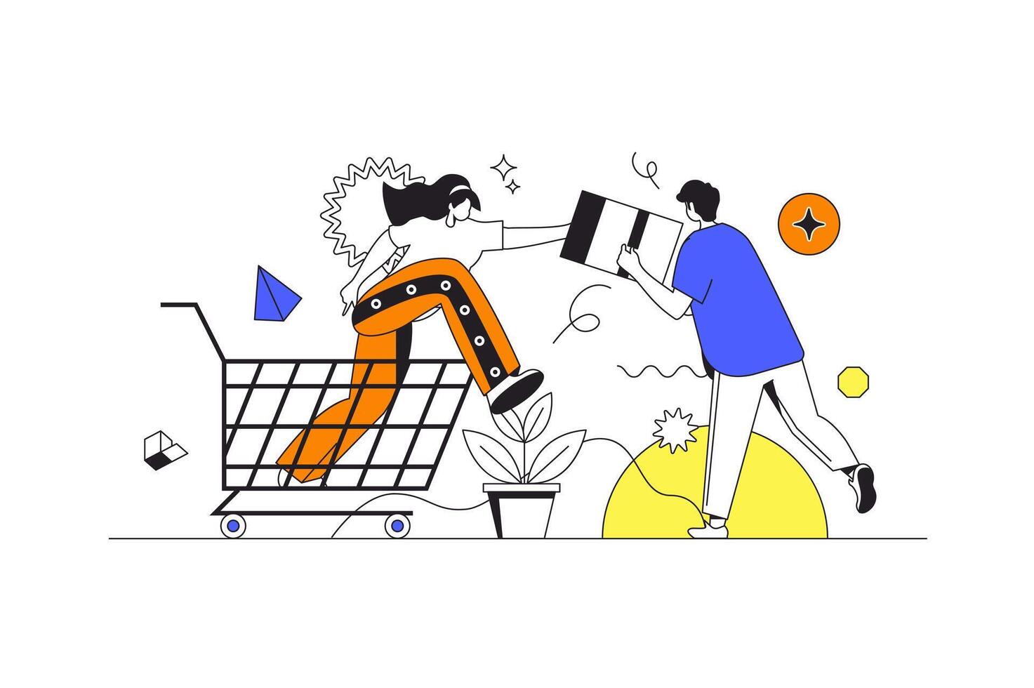 Commerce and shopping web concept in flat outline design with characters. Man and woman makes purchases, looking discounts and great deals in supermarket. E-business people scene. illustration. vector