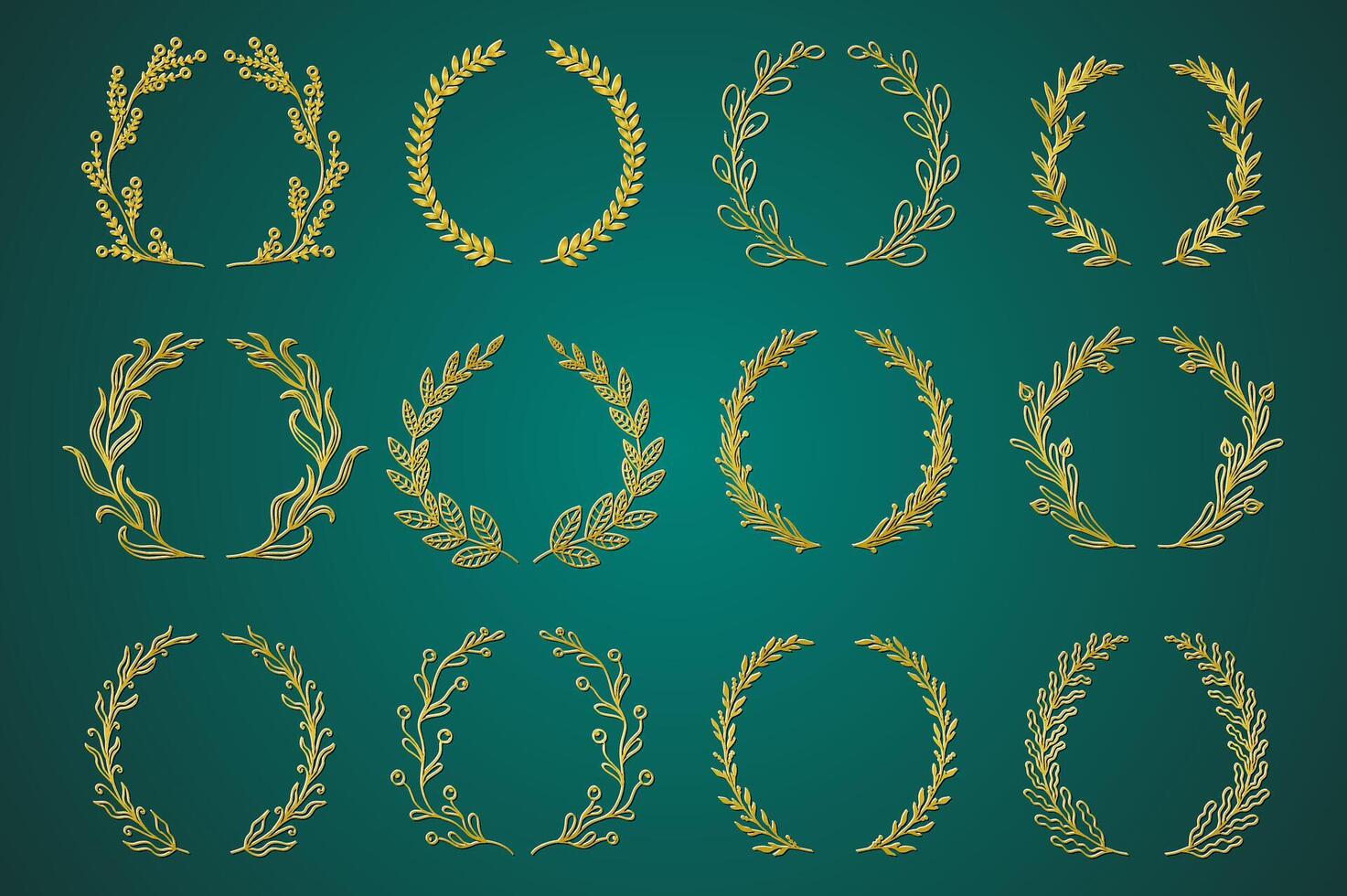 Gold ornamental branch wreathes set in hand drawn design. Laurel leaves wreath and decorative branch bundle. Different types of herbs, twigs, and plants curl vignetting elements. decoration. vector