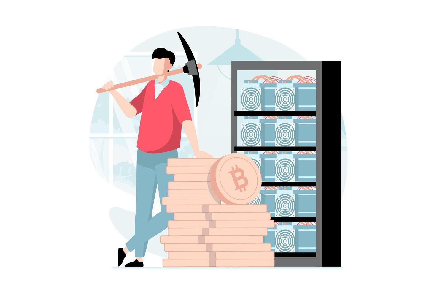 Cryptocurrency mining concept with people scene in flat design. Man with pickaxe stands near stack of bitcoin coins at mining farm hardware. illustration with character situation for web vector