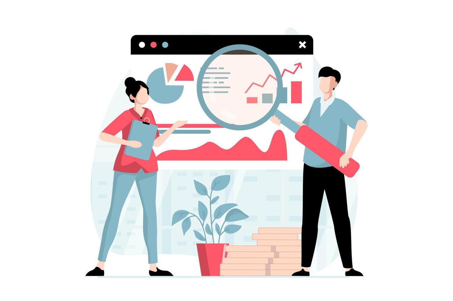 Data science concept with people scene in flat design. Woman and man making research of statistics and analyzes datum at screen for presentation. illustration with character situation for web vector