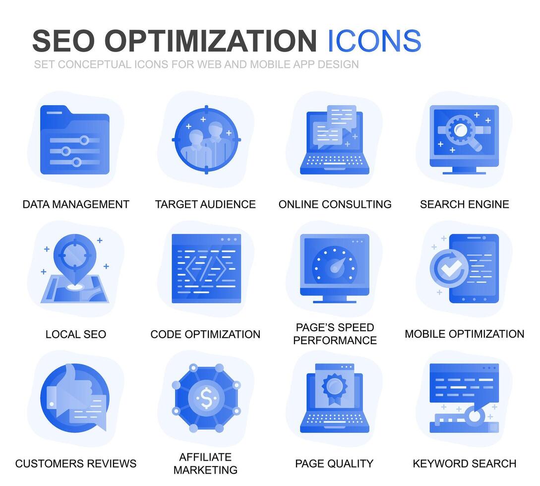 Modern Set Seo and Web Optimization Gradient Flat Icons for Website and Mobile Apps. Contains such Icons as Target, Marketing, Traffic Growth. Conceptual color flat icon. pictogram pack. vector