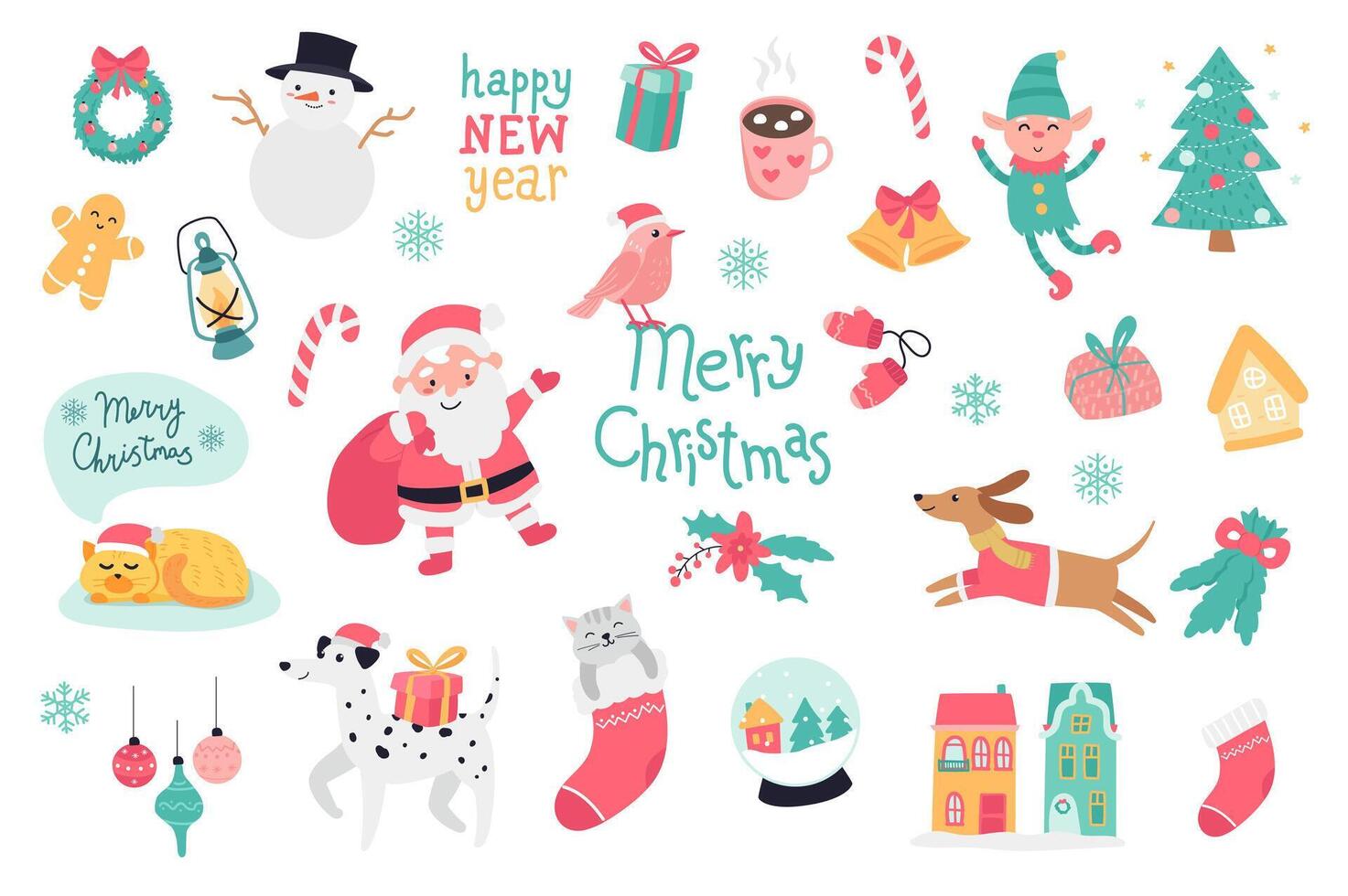 alegre Navidad conjunto con dibujos animados elementos en plano diseño. haz de guirnalda, muñeco de nieve, regalo, campana, duende, pan de jengibre, linterna, Papa Noel noel, mitones y otro decoración aislado pegatinas ilustración. vector