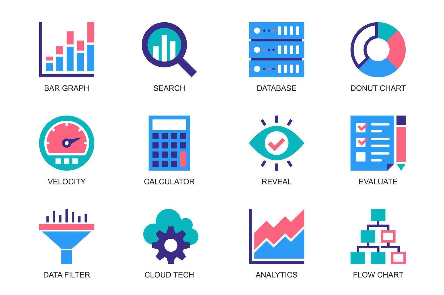 datos analítica concepto de web íconos conjunto en sencillo plano diseño. paquete de bar grafico, buscar, base de datos, rosquilla cuadro, velocidad, calculadora, revelar, evaluar, nube tecnología pictogramas para móvil aplicación vector