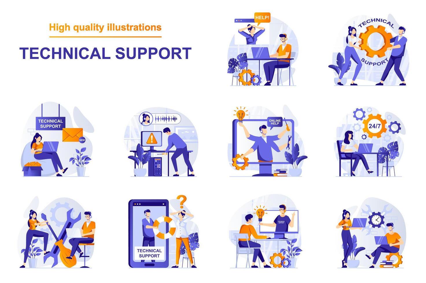 Technical support web concept with people scenes set in flat style. Bundle of customer service, solving tech problems via online chat and calling, feedback. illustration with character design vector