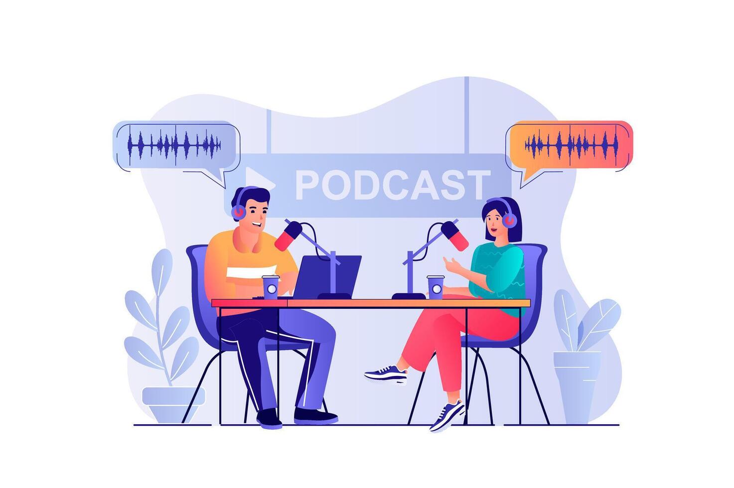 podcast transmisión concepto con personas escena. mujer y hombre Hablando dentro micrófono y radiodifusión En Vivo a estudio. anfitrión hablando con invitado. ilustración con caracteres en plano diseño para web vector