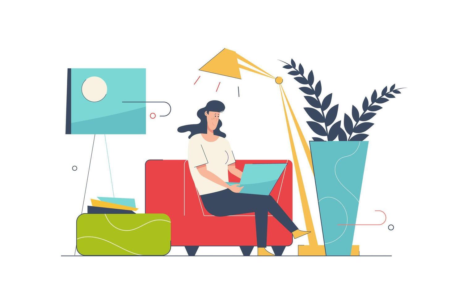 Freelance work concept with people scene in flat cartoon design. Woman working distant while sitting at home, making tasks and communicates online. illustration with character situation for web vector