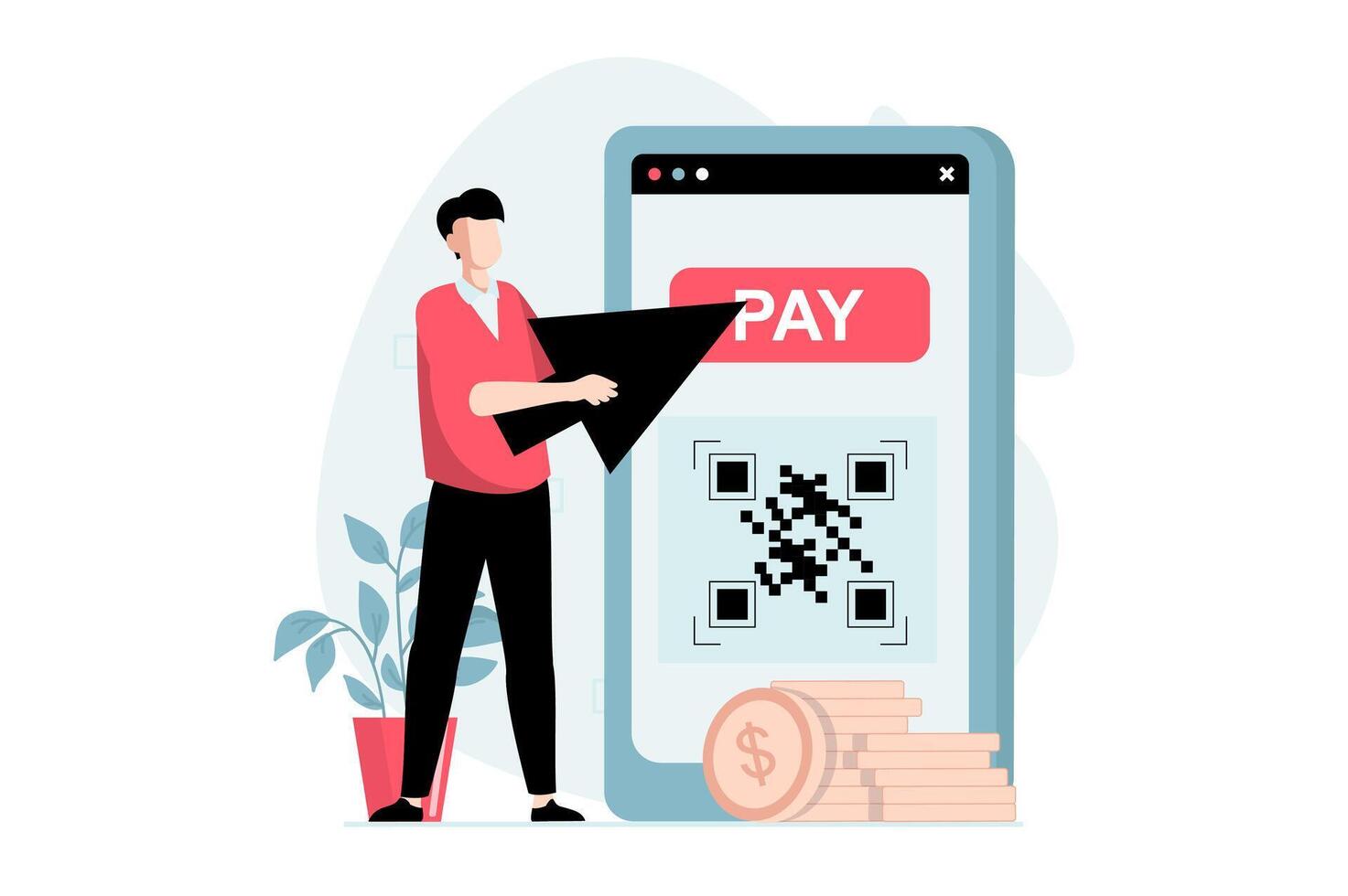 E-payment concept with people scene in flat design. Man ordering goods online and paying with secure QR code using mobile phone application. illustration with character situation for web vector