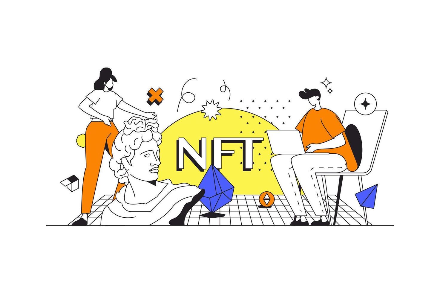 NFT and cryptocurrency web concept in flat outline design with characters. Man and woman invest in collectible artwork with non fungible token. Crypto business people scene. illustration. vector