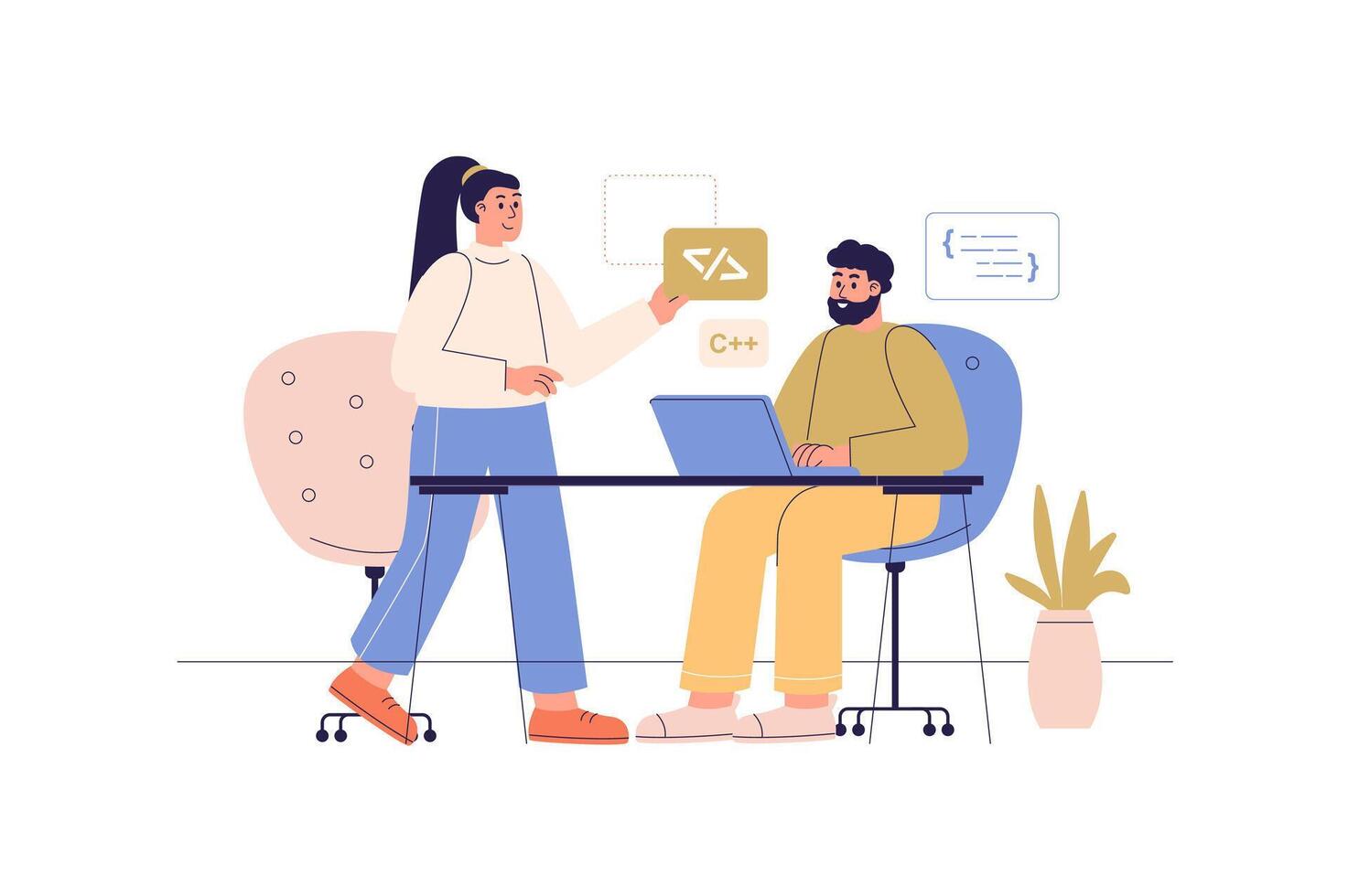 Team developers web concept with people scene. Man and woman creating software, discussing task and brainstorming, programming and coding. Character situation in flat design. illustration. vector