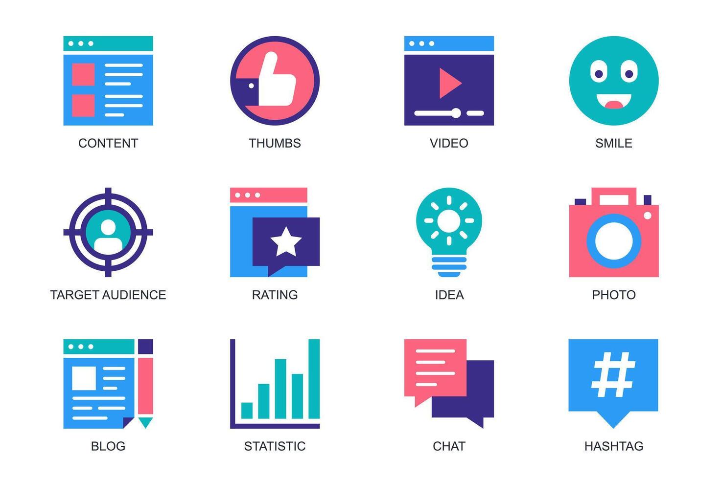 Blogger concept of web icons set in simple flat design. Pack of content, thumbs up, player, smile, target audience, rating, idea, photo, blog, statistic, chat. pictograms for mobile app vector