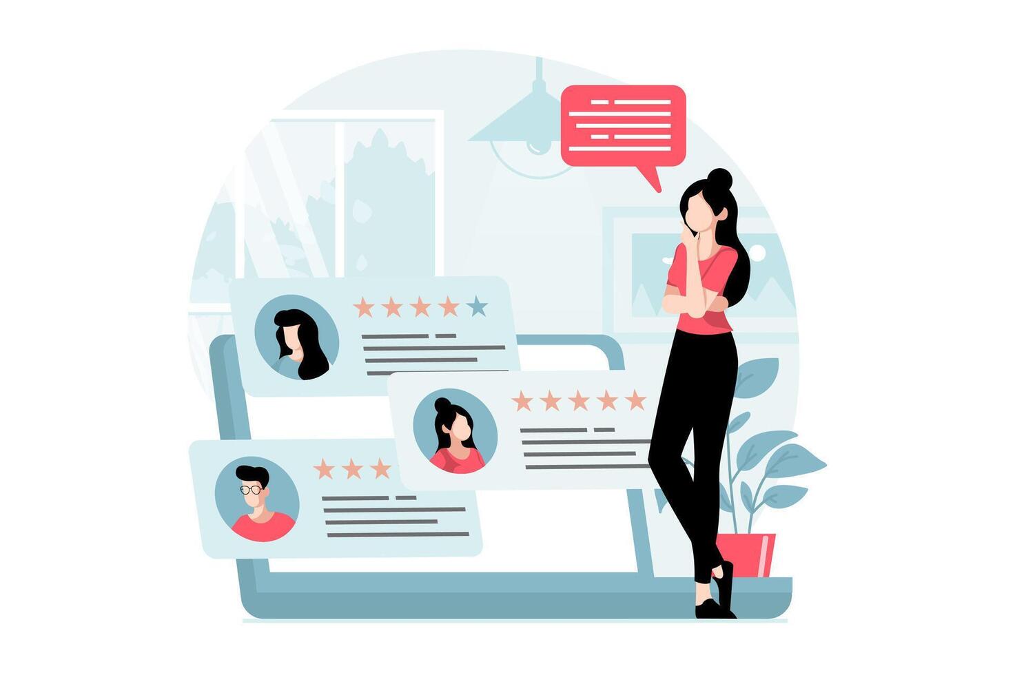 Feedback page concept with people scene in flat design. Woman reading user online reviews with high ratings for service or product using laptop. illustration with character situation for web vector
