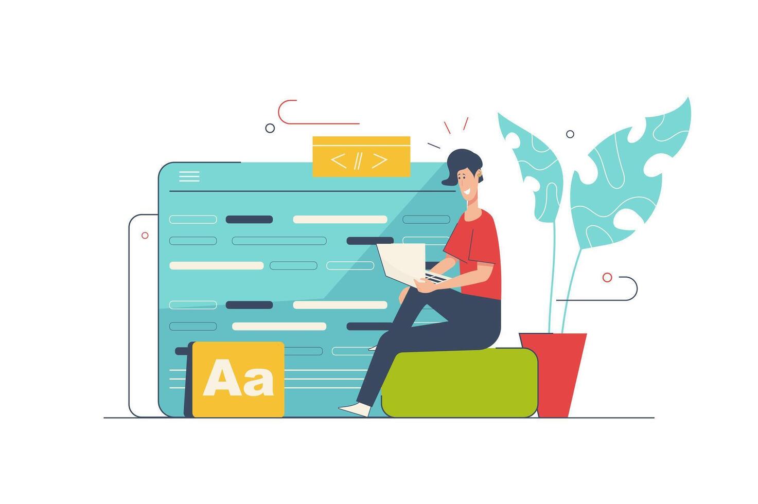 Web development concept with people scene in flat cartoon design. Man creates layout and site templates, optimizes for screens, working with code. illustration with character situation for web vector