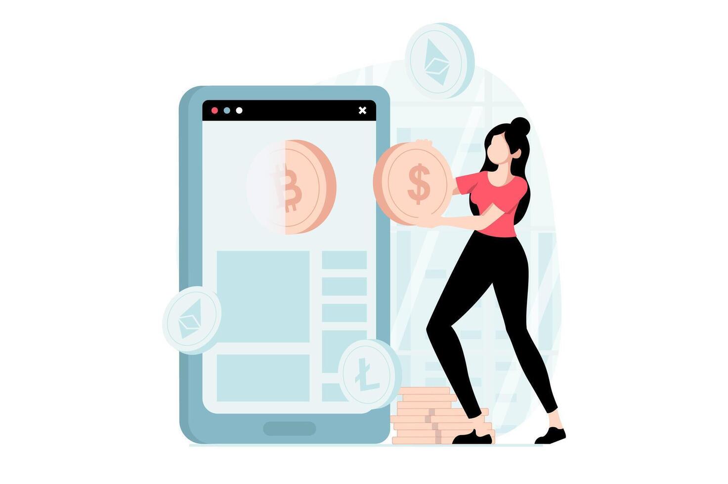 Cryptocurrency marketplace concept with people scene in flat design. Woman trading on virtual crypto market, buying bitcoins using mobile app. illustration with character situation for web vector