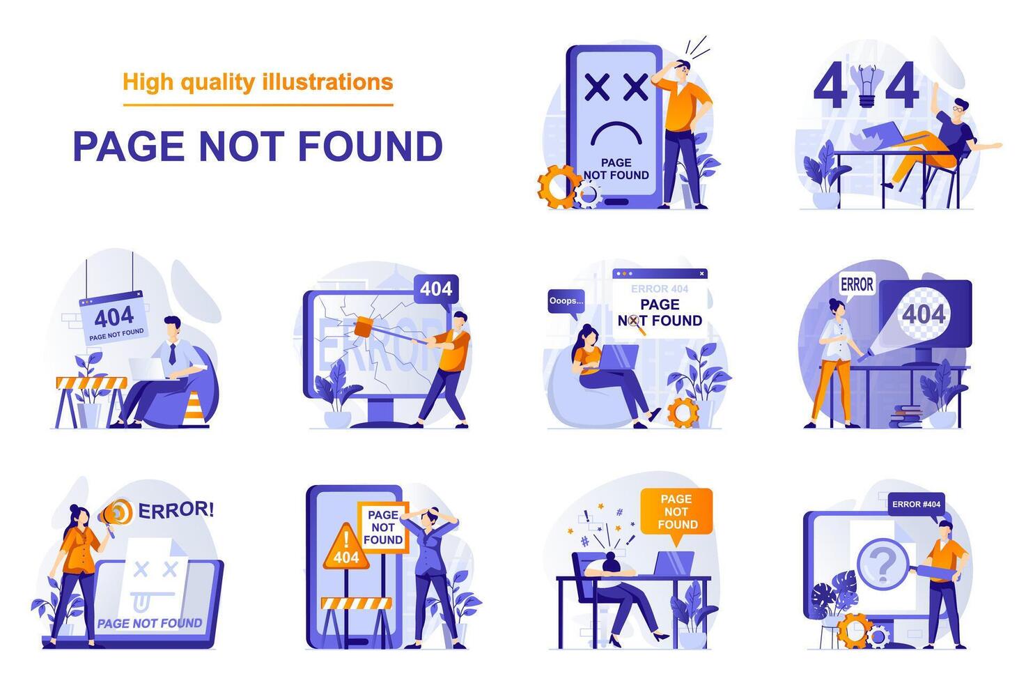 Page not found web concept with people scenes set in flat style. Bundle of error 404, internet connect problem, maintenance, fixing and repair of webpage. illustration with character design vector
