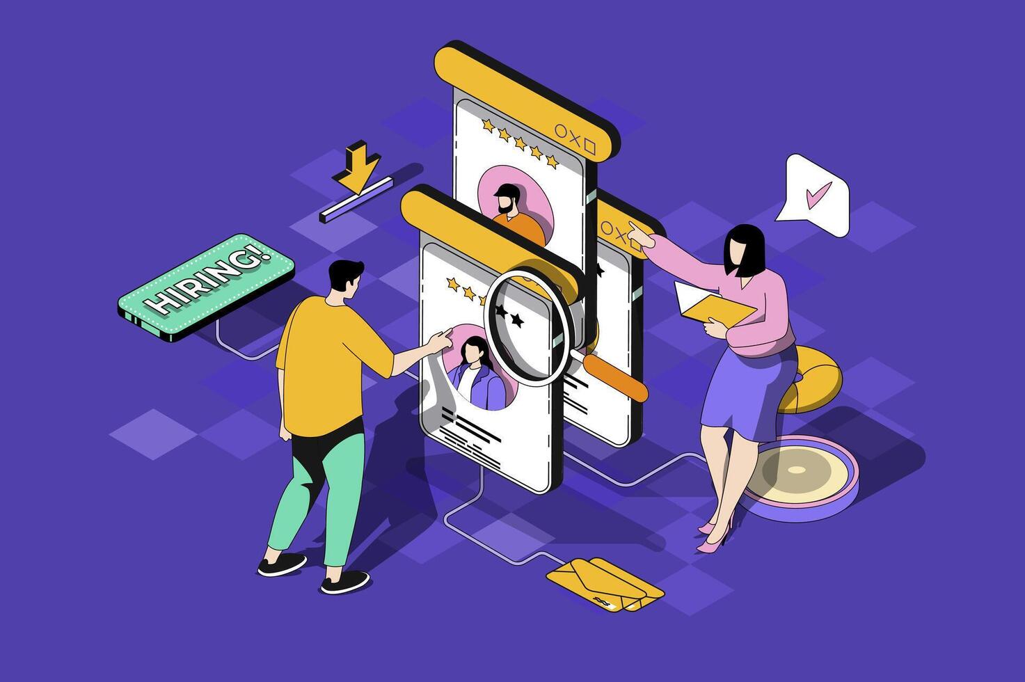 HR process web concept in 3d isometric design. Man is looking for best employees and looks at online applications. Woman reading resumes for vacancy. web illustration with people isometry scene vector