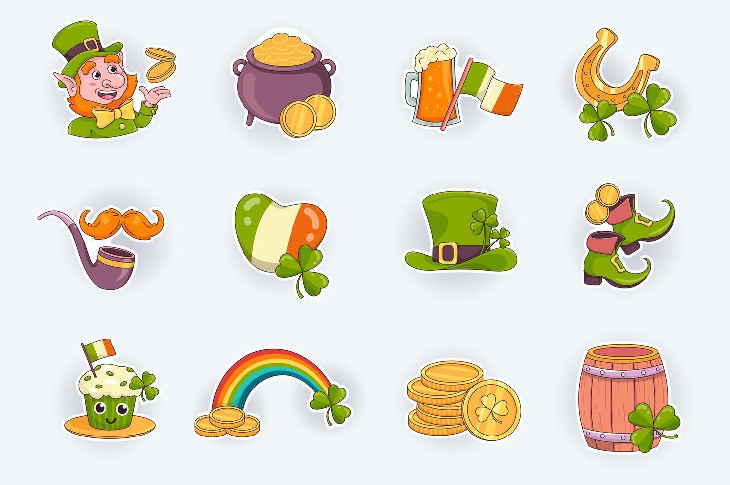 Saint Patrick day cute stickers set in flat cartoon design. Leprechaun with coins, cauldron, beer, Irish flag, horseshoe, clover leaves and other. illustration for planner or organizer template vector