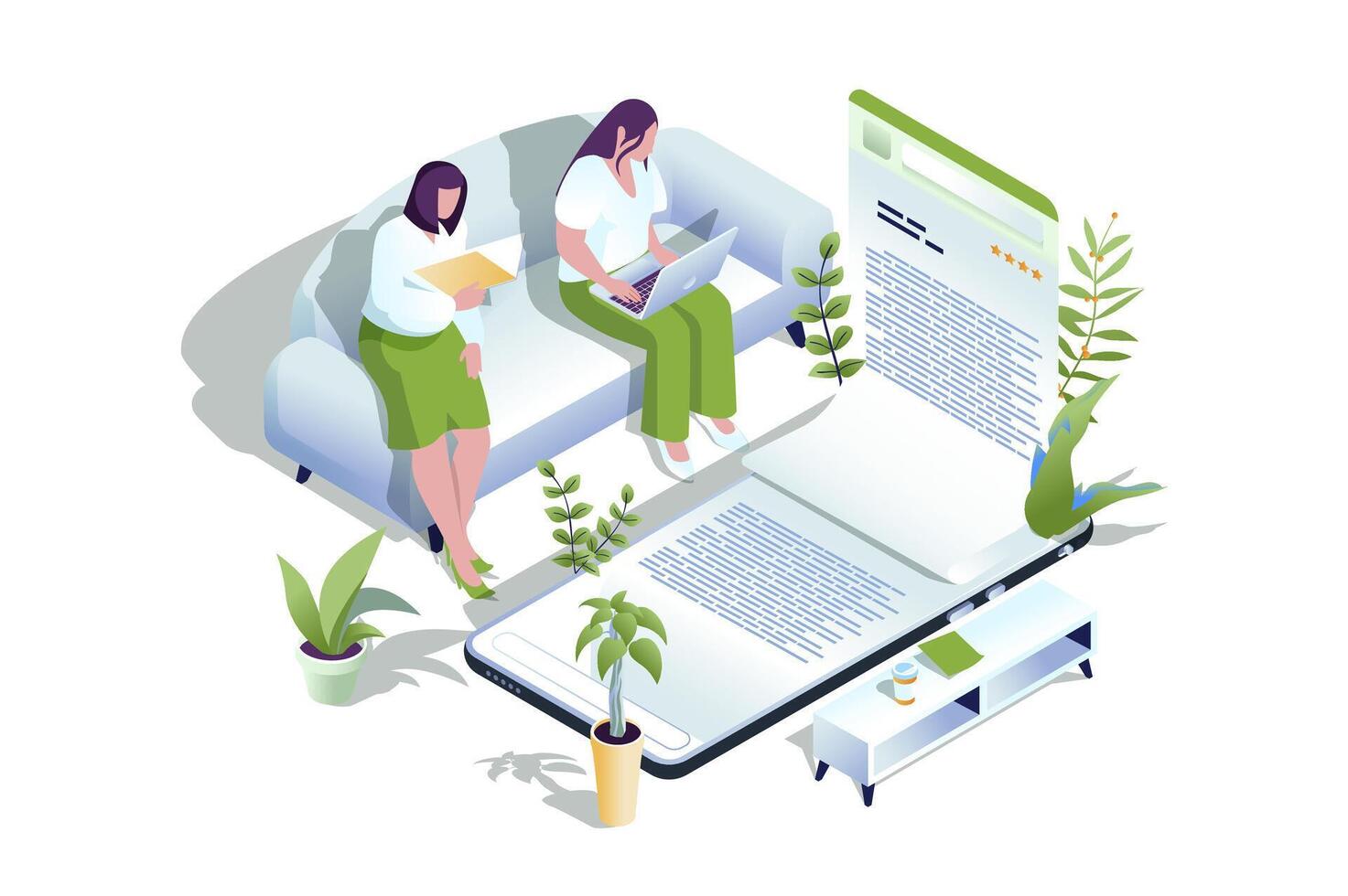 Online reading web concept in 3d isometric design. People reading e-books or textbooks on laptop and mobile application and buying electronic books in bookstore sites. web illustration. vector