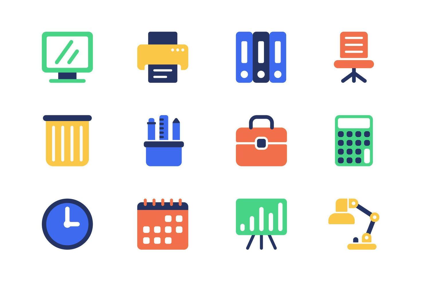 Office supplies concept of web icons set in simple flat design. Pack of computer, printer, folder, document, chair, trash bin, stationery, briefcase, lamp and other. pictograms for mobile app vector
