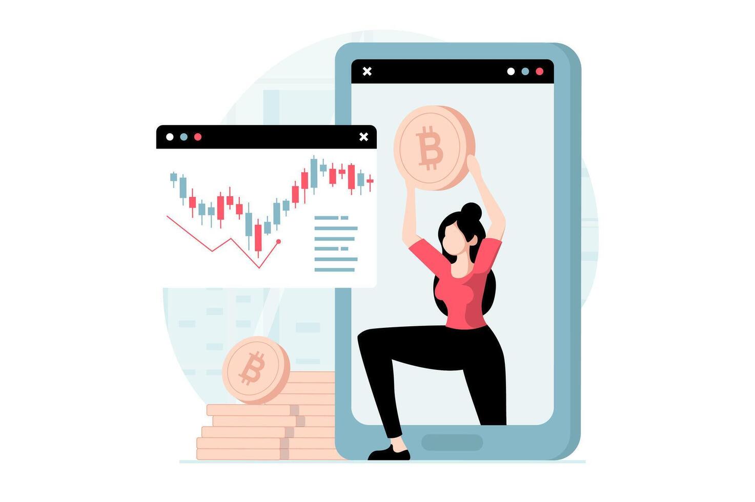 Cryptocurrency marketplace concept with people scene in flat design. Woman analyzing data on exchange, buys or sells bitcoins using mobile app. illustration with character situation for web vector