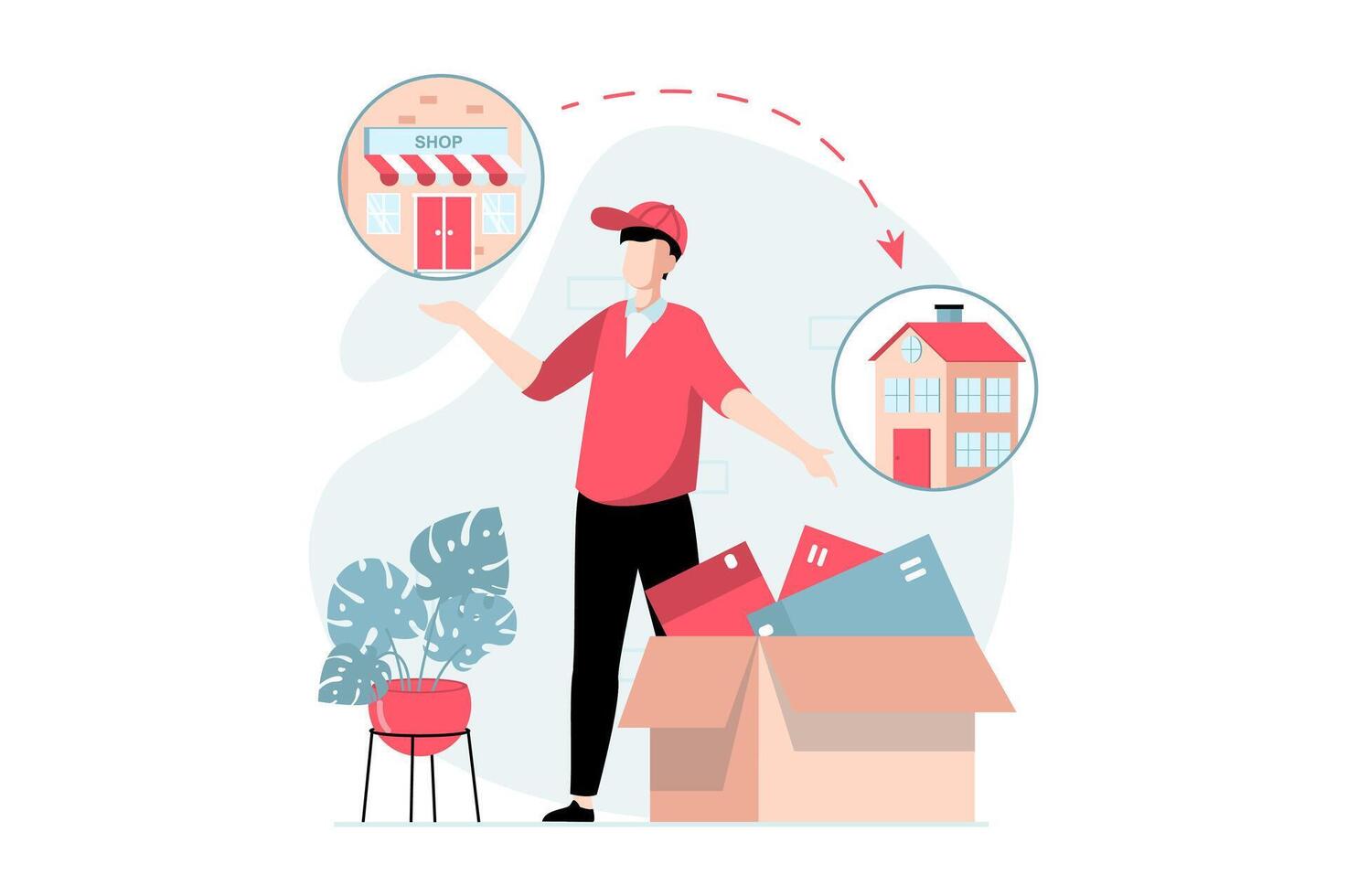 entrega Servicio concepto con personas escena en plano diseño. hombre mensajero entrega bienes ordenado desde en línea Tienda y parcelas a cliente hogar. ilustración con personaje situación para web vector