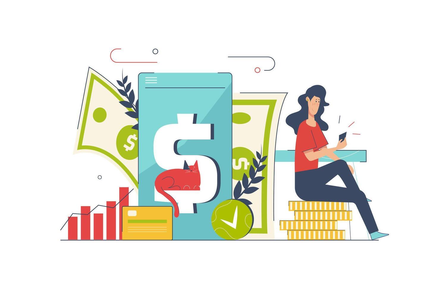 Business investment concept with people scene in flat cartoon design. Woman making success strategy for investing money in company for profit. illustration with character situation for web vector