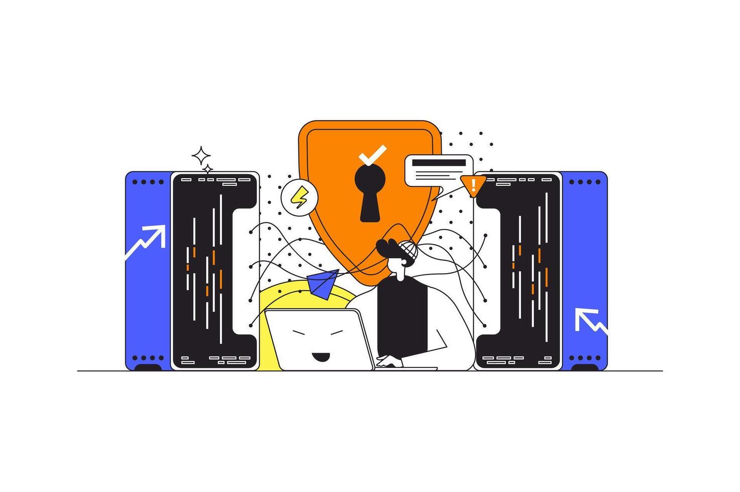 Network security web concept in flat outline design with characters. Man using secure login to personal account, firewall protecting data and files on laptop, people scene. illustration. vector
