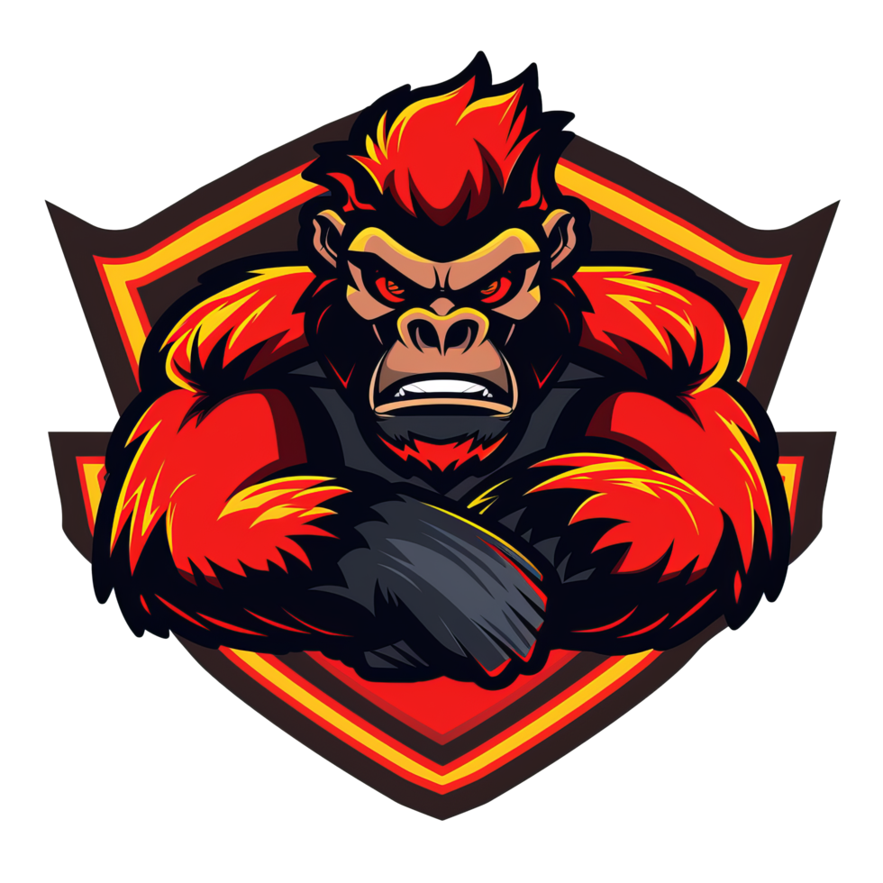 Fierce gorilla mascot on a fiery shield png