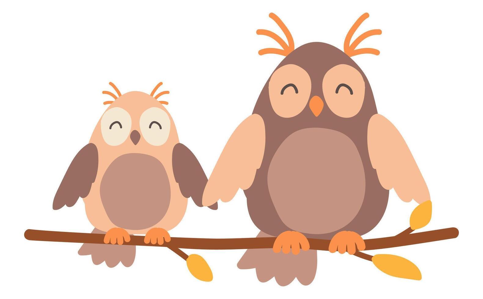 Cute owls on branch in flat design. Birds sits on twig with orange leaves. illustration isolated. vector