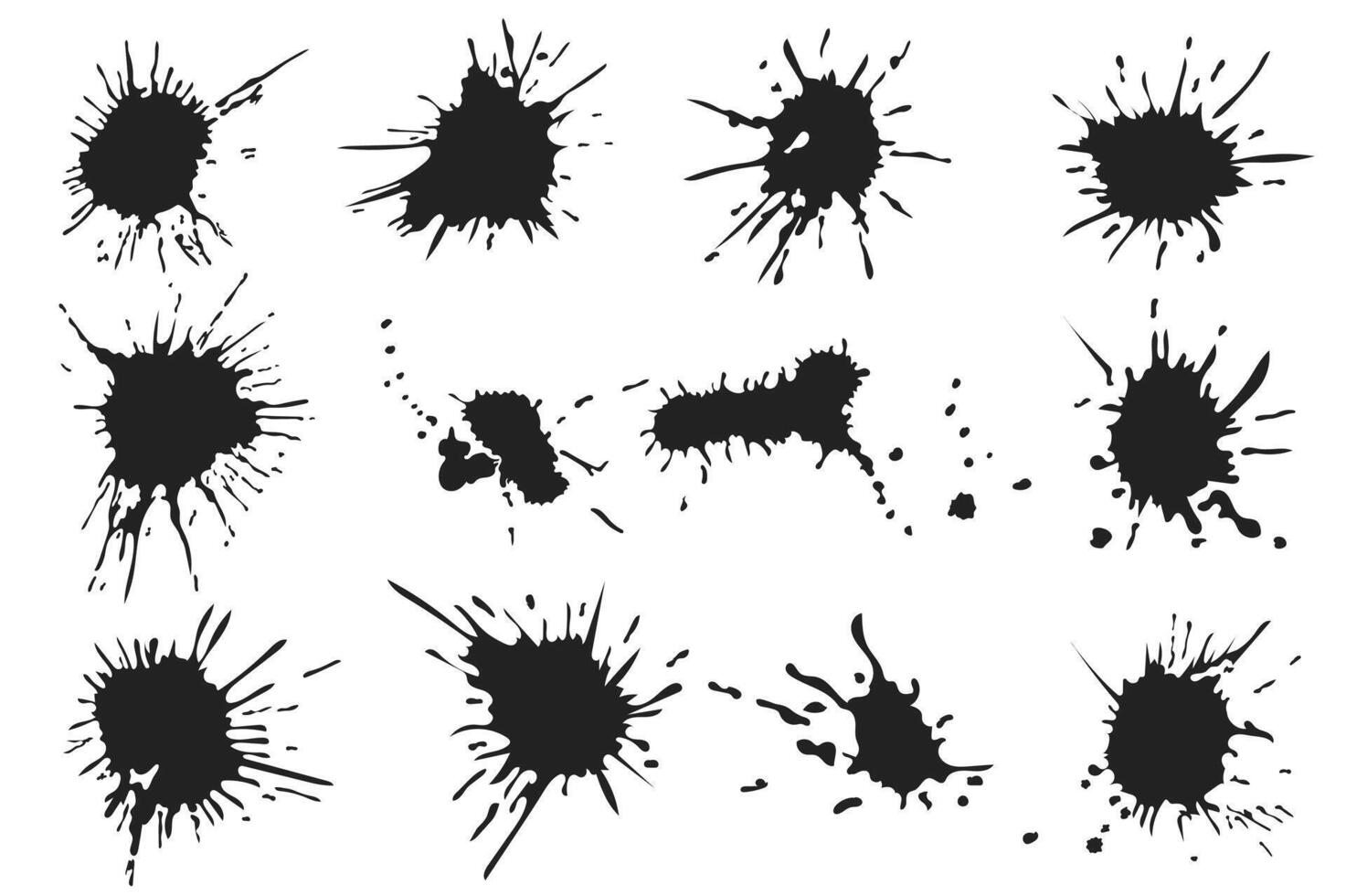 Ink stains set in cartoon design. Bundle of different shapes of grunge texture decorative shapes of paint, liquids splashes with splatters and drips effect isolated flat elements. illustration vector