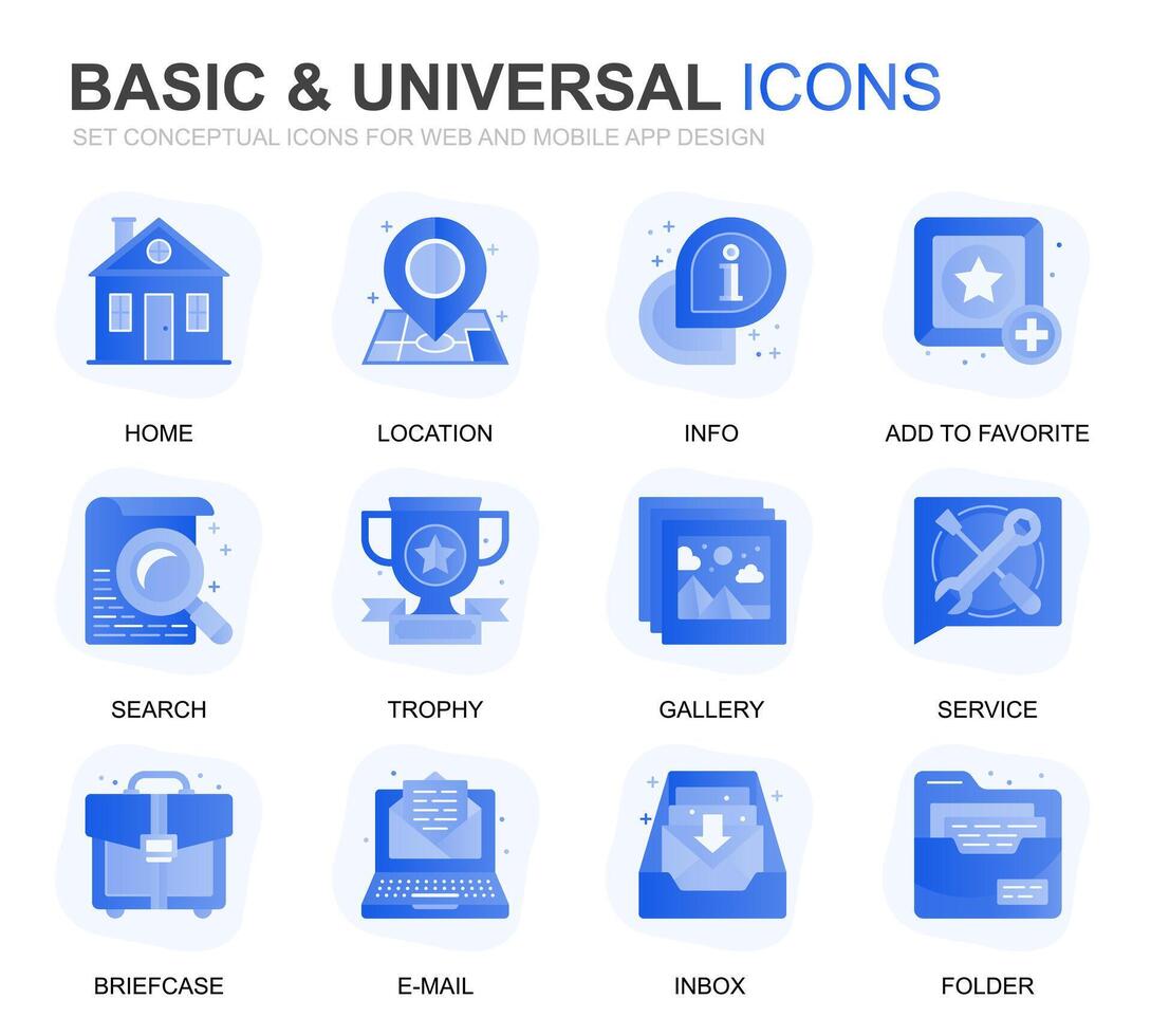 Modern Set Basic Gradient Flat Icons for Website and Mobile Apps. Contains such Icons as Location, Briefcase, Lamp, Support, Business, Award. Conceptual color flat icon. pictogram pack. vector